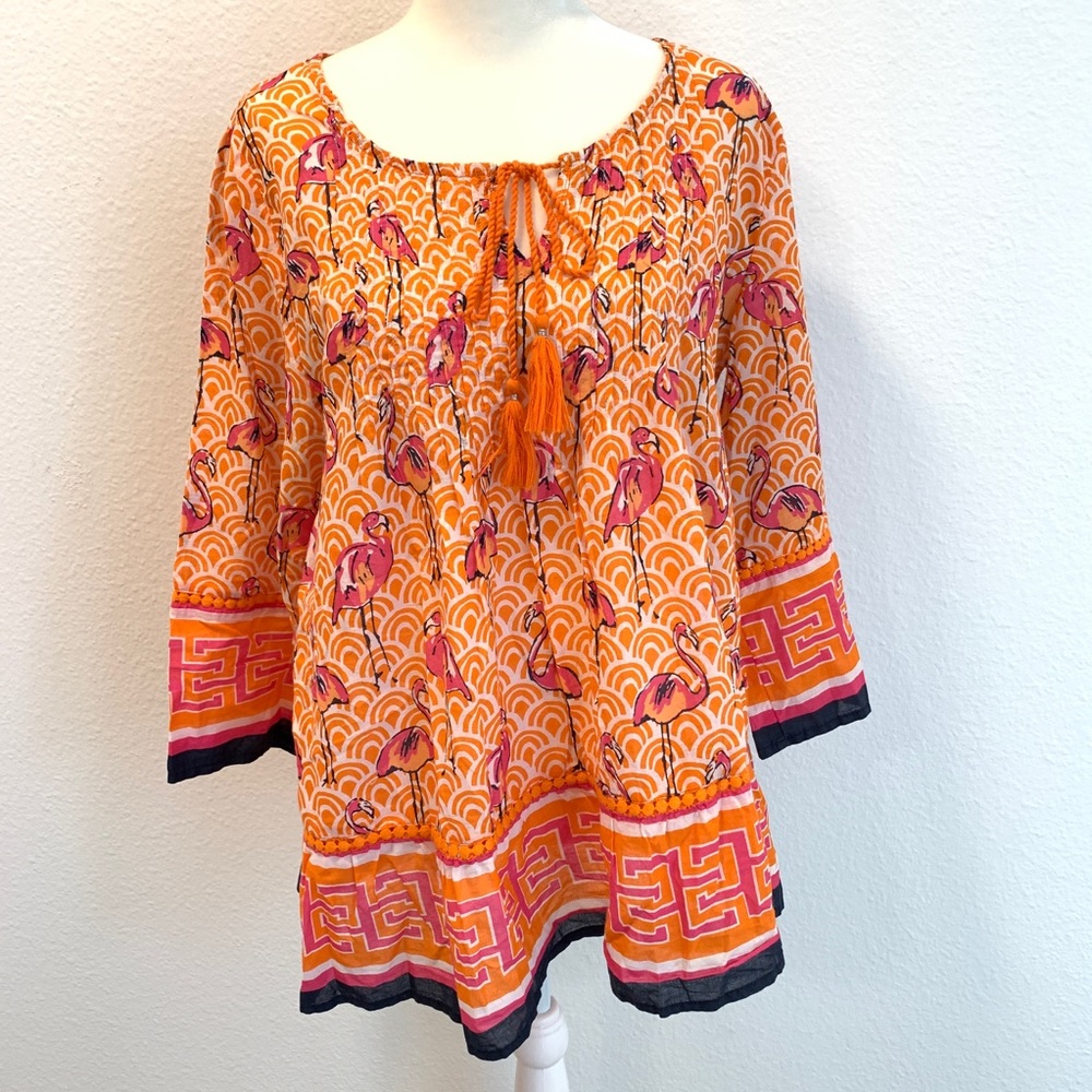 crown & ivy Pink Flamingo tassel 3/4 sleeve sz Med